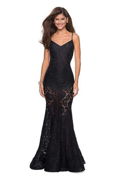 La Femme - 27584 V-neck Stretch Lace Trumpet Dress In Black
