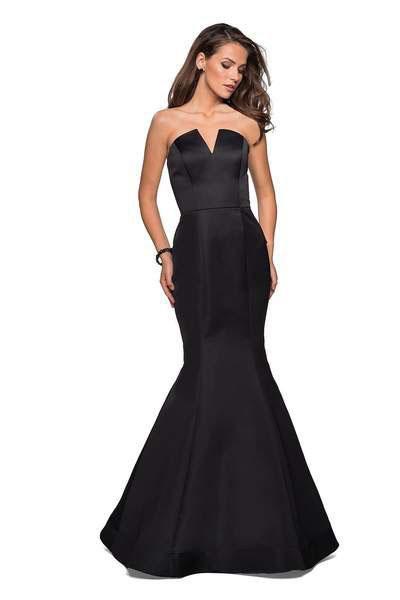 La Femme - 27105 V-neck Satin Ruffled Mermaid Dress In Black
