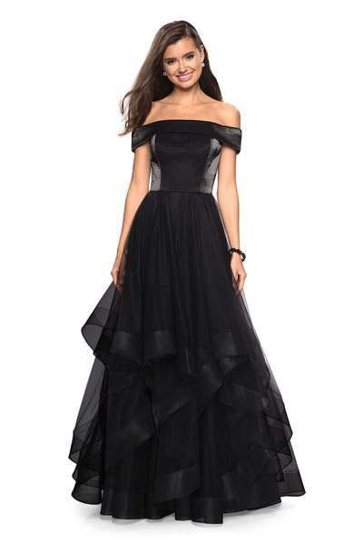 La Femme - 27224 Off-Shoulder Pleated A-Line Gown In Black