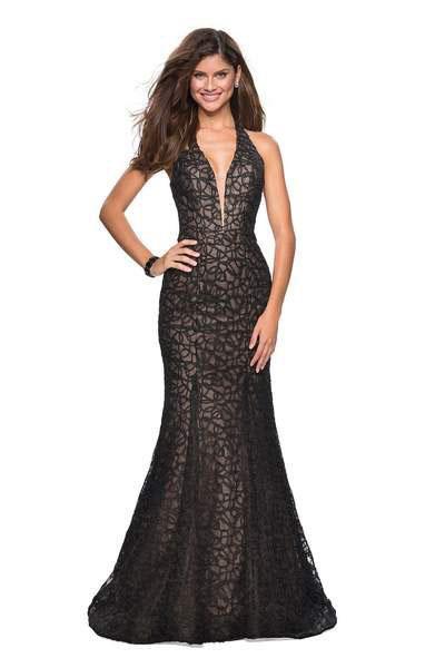 La Femme - 27228 Metallic Lace Deep Halter V-neck Mermaid Dress In Black