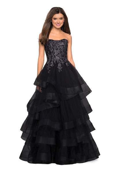 La Femme - 27291 Floral Lace Strapless Tiered Gown In Black