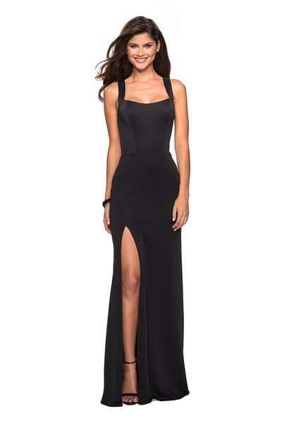 La Femme - 27479 Strappy Square Evening Gown with Slit In Black