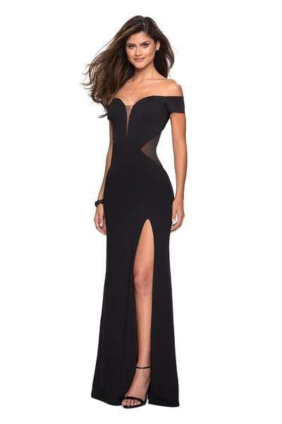La Femme - 27480 Deep Off-Shoulder Jersey Trumpet Dress In Black