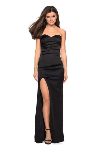La Femme - 27787 Ruched Sweetheart Stretch Satin Sheath Dress In Black