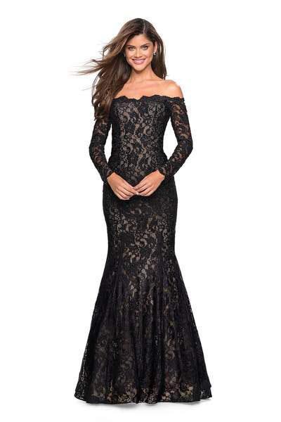 La Femme - 26393 Long Sleeve Off Shoulder Lace Trumpet Gown In Black