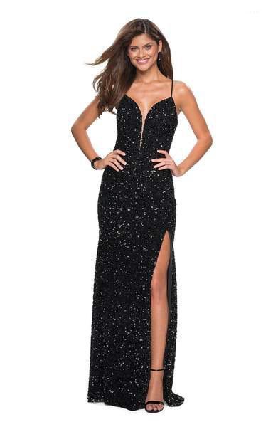 La Femme - 26937 Sequined Deep V-neck Sheath Dress In Black