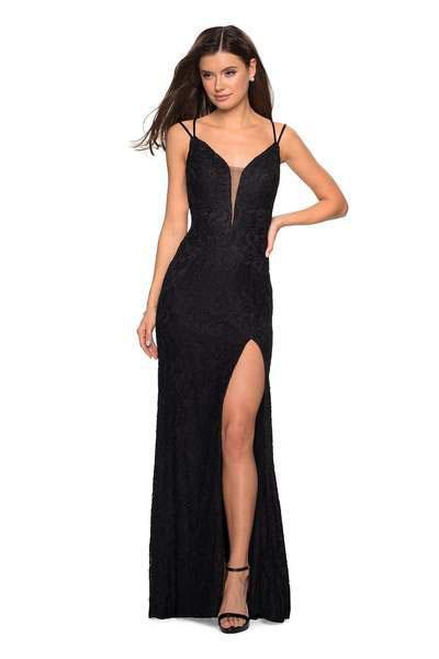 La Femme - 27029 Plunging Illusion Cutout Strappy Lace Gown In Black