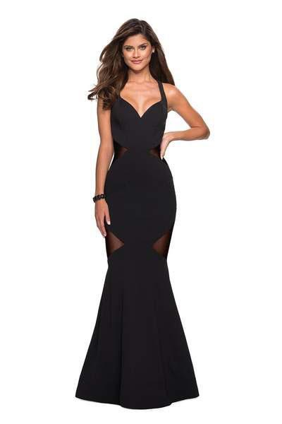 La Femme - 27454 Plunging V-neck Jersey Mermaid Dress In Black