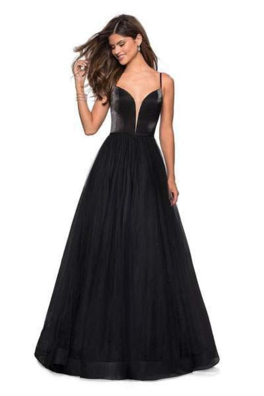 La Femme - 27485 Two Tone Deep V-neck Satin Tulle A-line Dress In Black