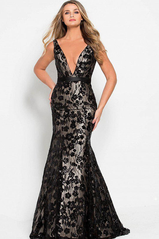 54522 Sequined Plunging V-neck Mermaid Gown