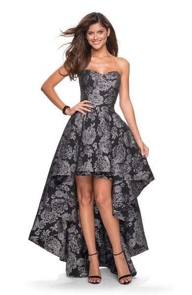 La Femme - 27468 Strapless Sweetheart Jacquard High Low A-line Dress In Black and Silver