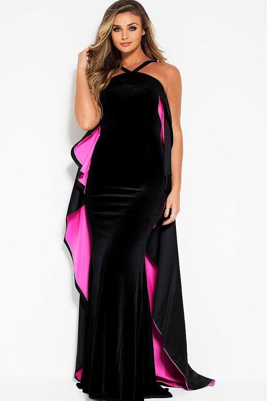 51846 Two Tone Velvet Halter Dress With High Low Overlay