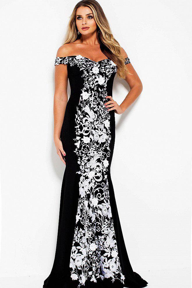 54883 Off-Shoulder Floral Embroidered Sheath Gown