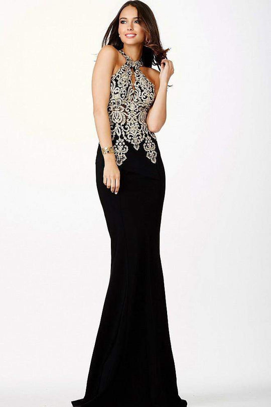 Halter Fitted Lace Black Dress JVN33691