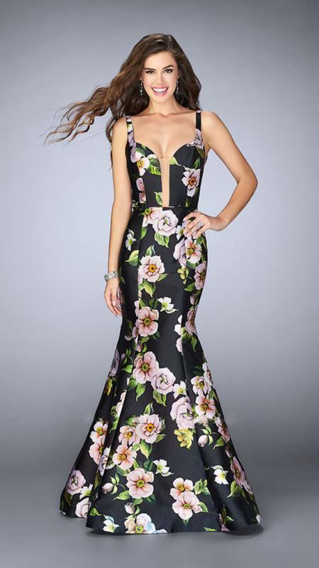 La Femme - Delectable Deep Sweetheart Floral Mermaid Long Evening Gown 24589 In Black and Multi-Color