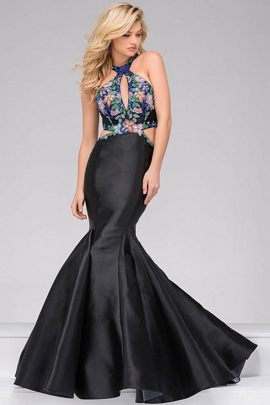 Black and Multi Flower Embroided Mermaid Dress  46064