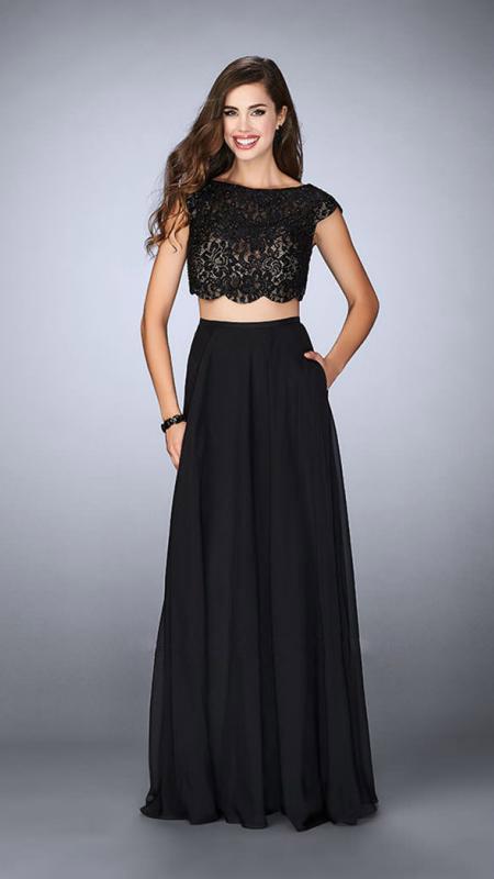 La Femme - Sophisticated Laced Bateau Neck Two-Piece Chiffon Dress 23922 in Black
