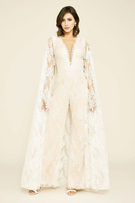 Tadashi Shoji - Rupert Lace Cape Jumpsuit In White and Neutral