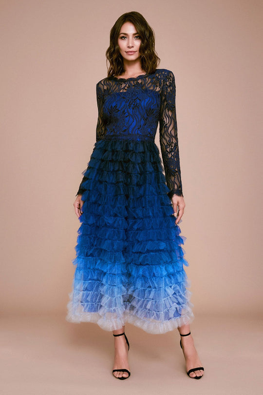 Tadashi Shoji - Twyla Ruffled Tulle Tea-Length Dress In Blue