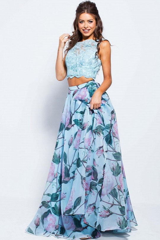 JVN48844 Two-Piece Bateau Neck Floral Print Gown