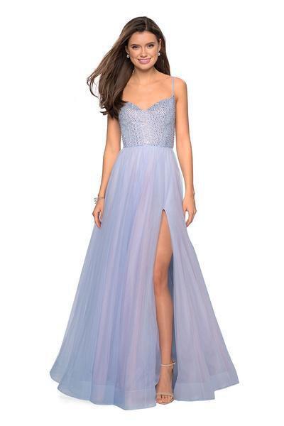 La Femme - 27636 Rhinestone Accented High Low A-line Dress In Blue