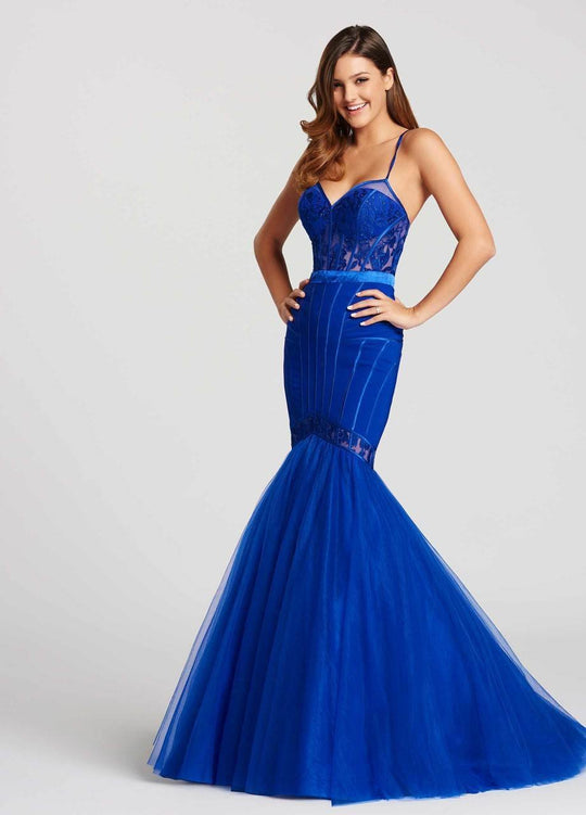 Ellie Wilde - EW118088 Floral Embroidered Illusion Corset Mermaid Gown In Blue