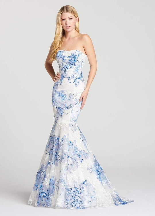 Ellie Wilde - EW118111 Strapless Floral Print Lace Mermaid Gown In White and Blue