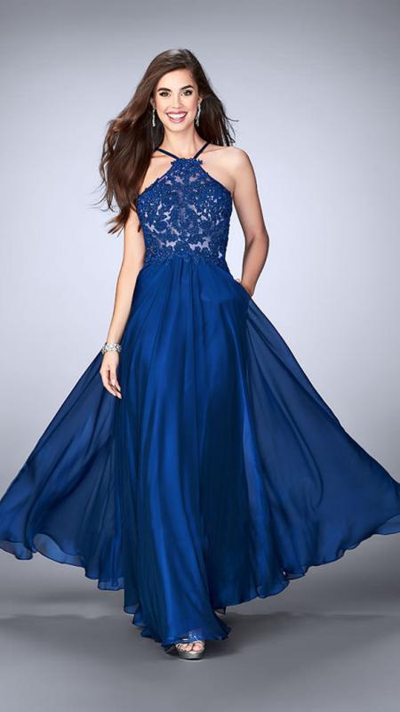 La Femme - Gorgeous High Neck Laced Chiffon Dress 23991 in Blue