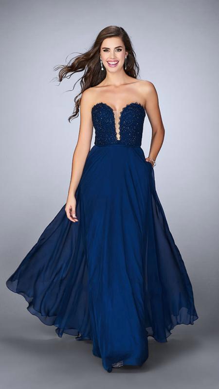 La Femme - Strapless Scallop Neck Beaded and Laced Chiffon Dress 23970 in Blue