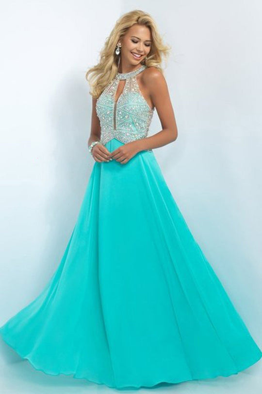 Blush - Embellished Halter Neck Chiffon A-Line Dress 11085 in Green