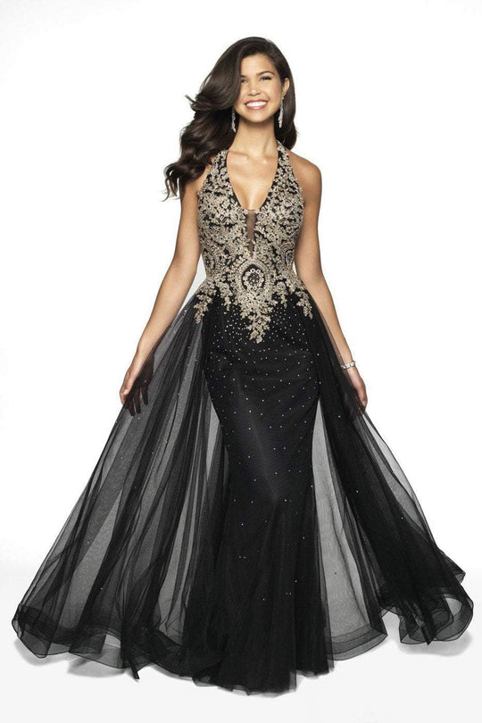 Blush by Alexia Designs - 11706 Applique Deep Neck Gown With Overskirt In Black and Gold