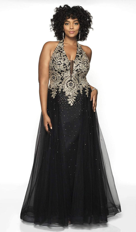 Blush Too by Alexia - 11706W Metallic Appliqued Overskirt Gown In Black and Gold