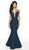 Blush by Alexia Designs - 11710 V Neck Keyhole Cutout Glitter Knit Gown In Blue and Green