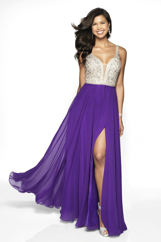 Blush by Alexia Designs - 11719 Two Tone V-neck Chiffon A-line Dress In Purple and Nude