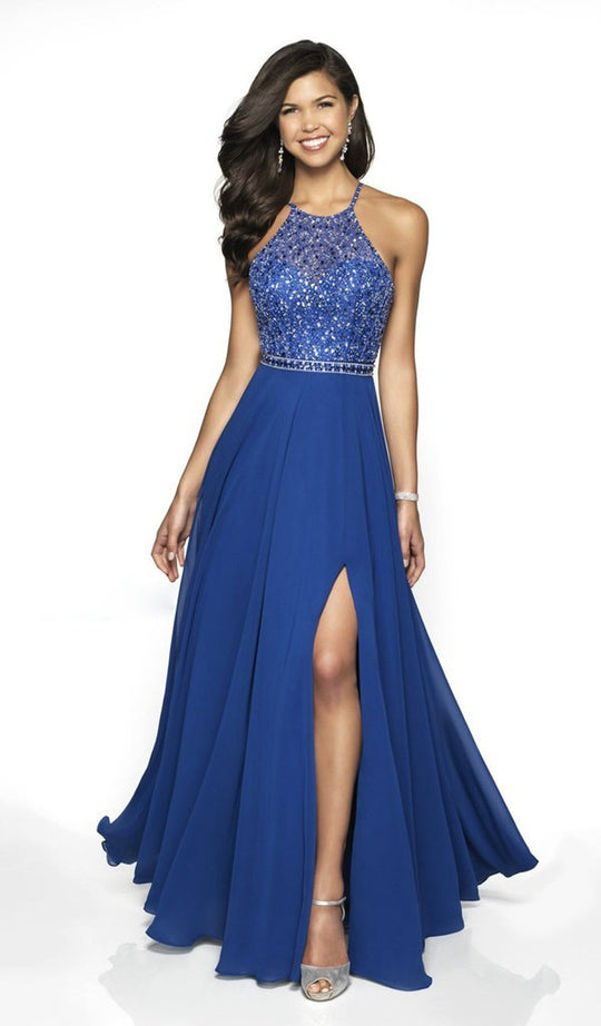 Blush by Alexia Designs - 11720 Beaded Embellished Halter Tulle Gown In Blue