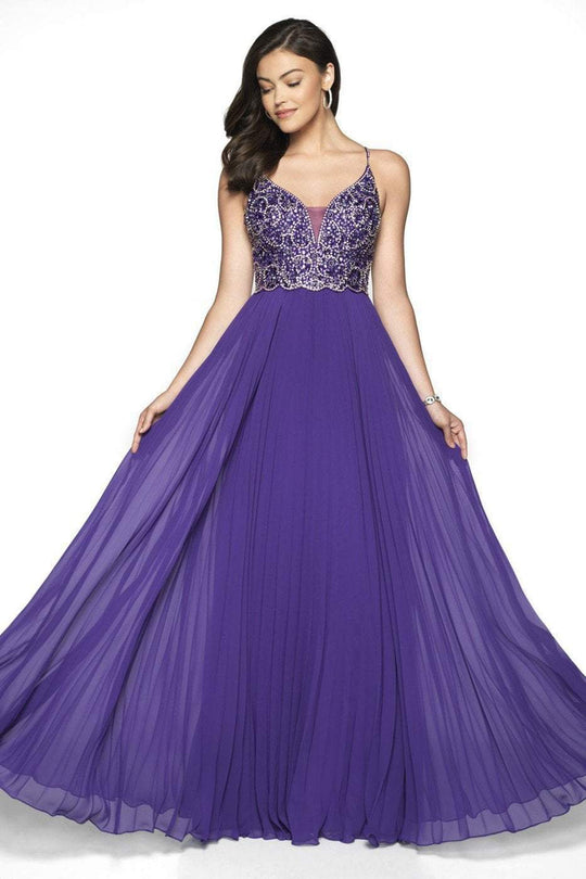 Blush by Alexia Designs - 11721 Beaded Deep V-neck Chiffon Aline Dress In Purple