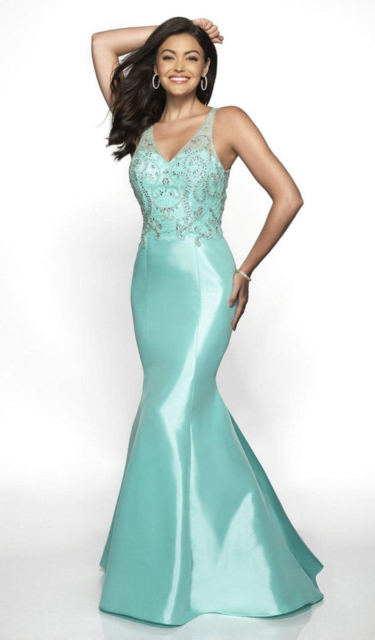 Blush by Alexia Designs - 11724 Beaded V-neck Mikado Mermaid Dress In Green