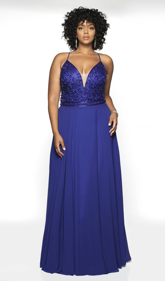 Blush Too by Alexia - 11730W Beaded Plunging Chiffon Gown In Blue