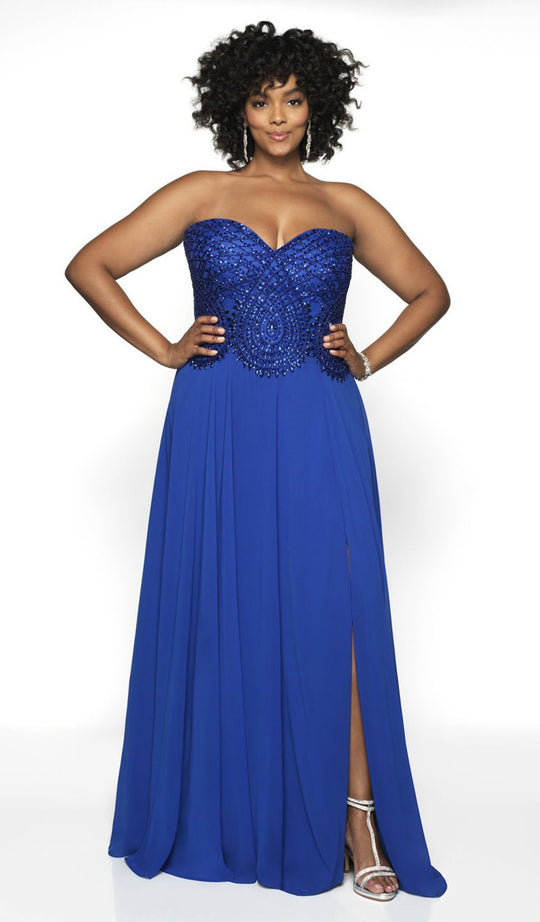 Blush Too by Alexia - 11757W Teardrop Motif High Slit Gown In Blue