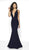 Blush by Alexia Designs - 11766 Deep V-neck Glitter Knit Trumpet Dress In Blue