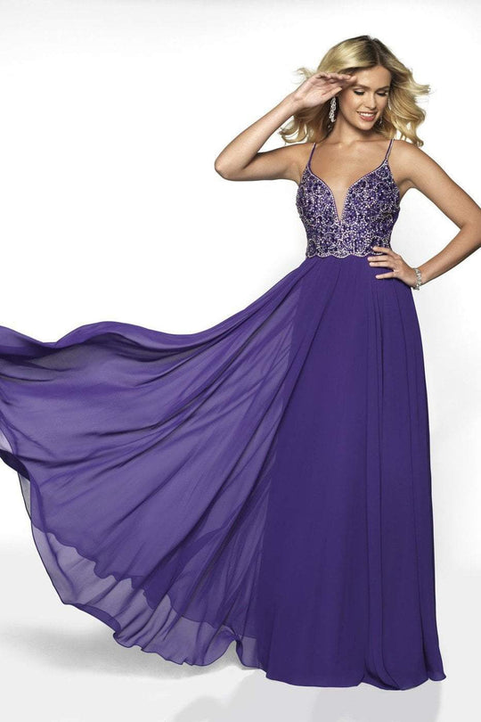 Blush by Alexia Designs - 11778 Beaded Plunging V-neck Chiffon Dress In Purple