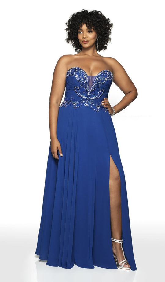 Blush Too by Alexia - 11793W Beaded Pleat-Ornate High Slit Gown In Blue
