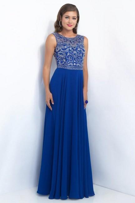 Intrigue - Illusion Scoop Neckline Ornate Crystal A-line Dress  152 in Blue