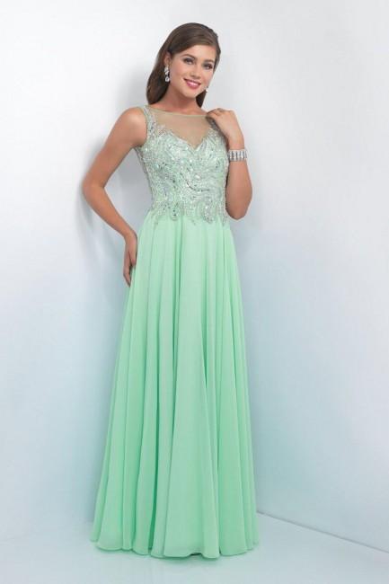 Intrigue - Illusion Bateau Neckline Embellished A-line Dress 165 in Green