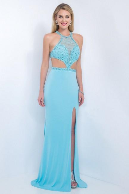 Intrigue - Beaded Illusion Jewel Neckline with Side Slit  Gown 178 in Blue