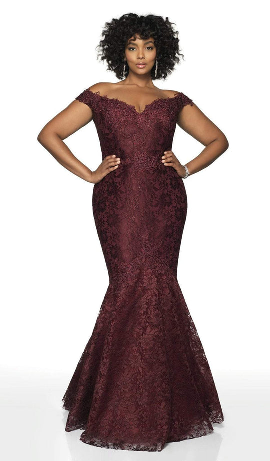 Intrigue by Blush - 425W Off Shoulder Lace Mermaid Gown In Purple and Red