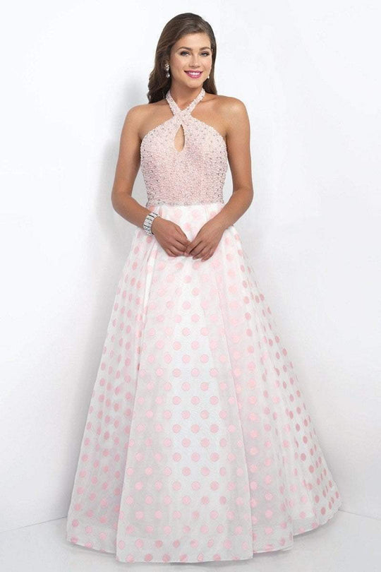 Blush - Embellished Halter Neck Polka Dot Printed Ball Gown 5516 in Pink and White