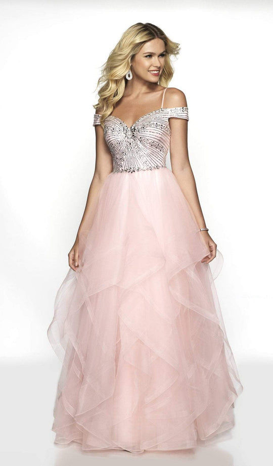 Blush by Alexia Designs - 5717 Off Shoulder Asymmetrical Tulle Gown In Pink