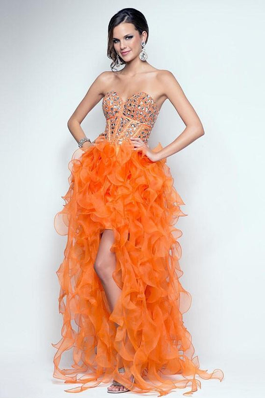 Blush - Sheer Ruffled Sweetheart High-Low Gown 9560 in Orange
