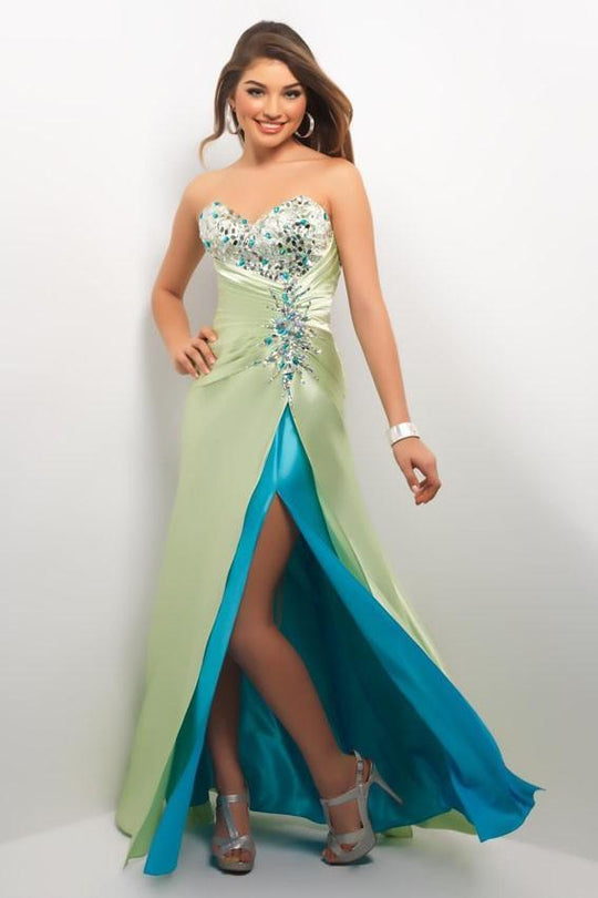 Blush - Strapless Embellished Long Gown with Slit 9591 in Green and Blue